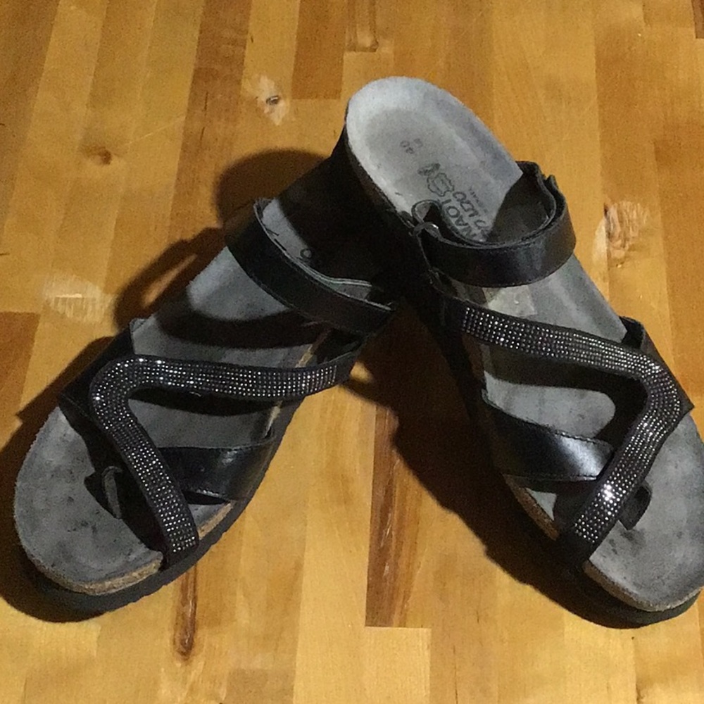 Naot Giovanna Black Leather Sandals with Metallic Details EU Size 40
